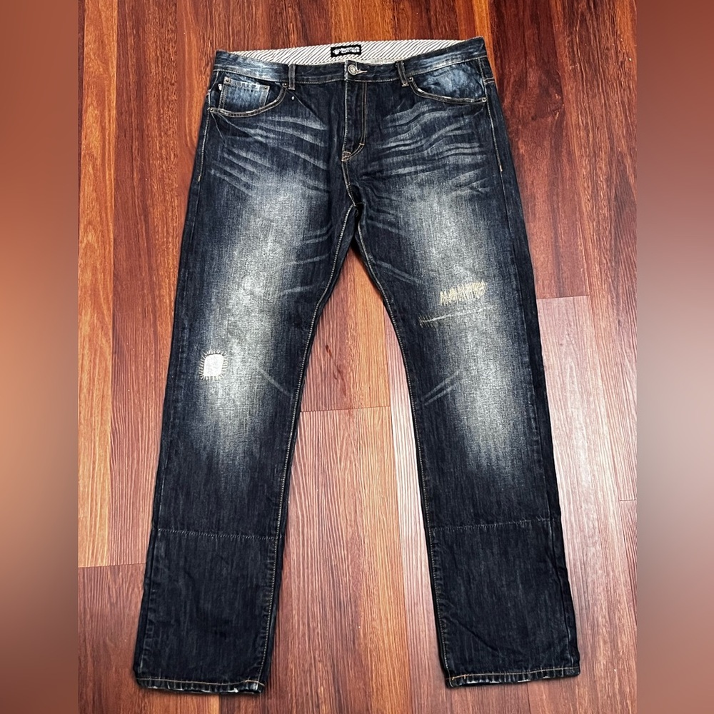 Mostly Heard Rarely Seen Distressed Denim Blue Jeans w/ Hidden Patchwork